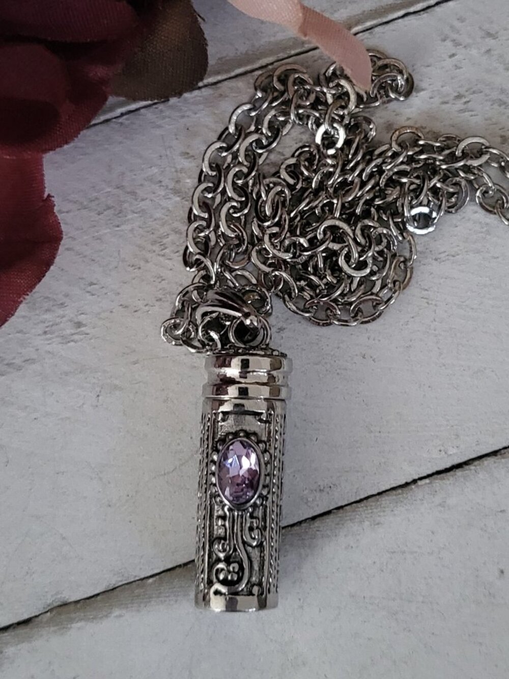 June Birthstone Alexandrite Light Purple Pink Crystal Cylinder Locket Necklace